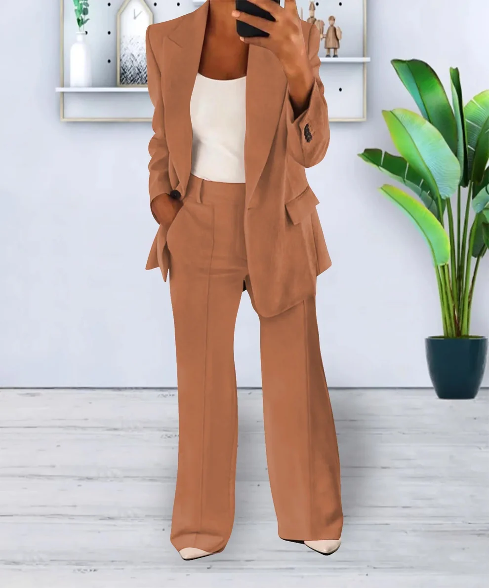 Mavonne - Dames Tweedelige Blazer en Wijde Broek Set, Getailleerde Pasvorm, Formele Kleding