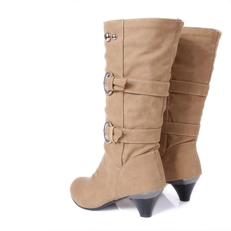 Moda Dames Kniehoge Laarzen met Gesp en Middelhoge Hak – Elegante Hoge Laarzen
