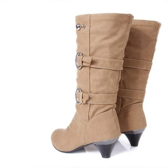Moda Dames Kniehoge Laarzen met Gesp en Middelhoge Hak – Elegante Hoge Laarzen