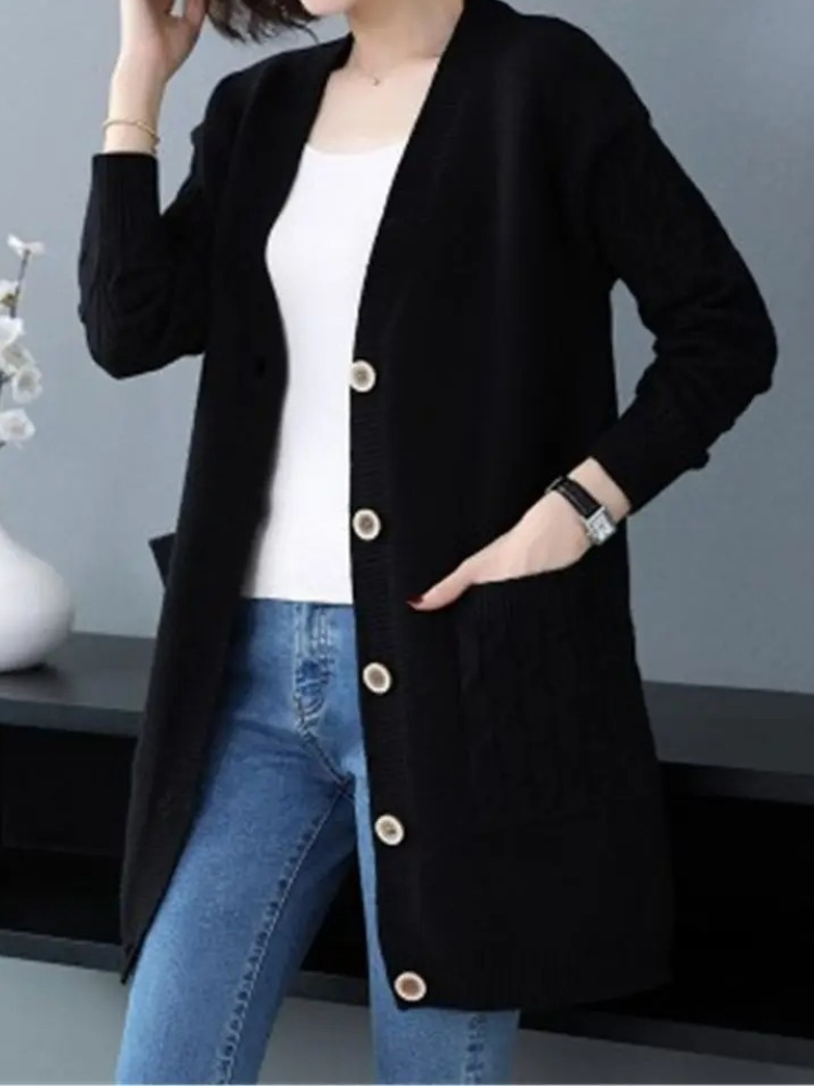 Moda Gebreid Vest Dames Met Knoopsluiting En Lang Model