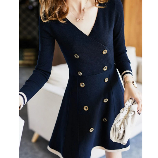 Fijndraa - Elegante Gebreide Jurk in Wikkelstijl met Knoopdetails, Lange Mouwen, Gebreide Dames Jurks