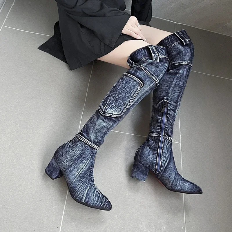 Moda Overknee Spijkerlaarzen met Puntige Neus - Trendy Dames Laarzen