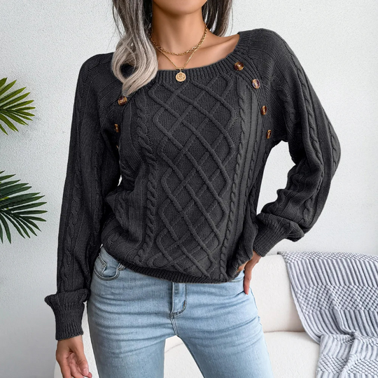 Moda Kabeltrui Dames - Knopen Detail, Losse Pasvorm, Lange Mouwen