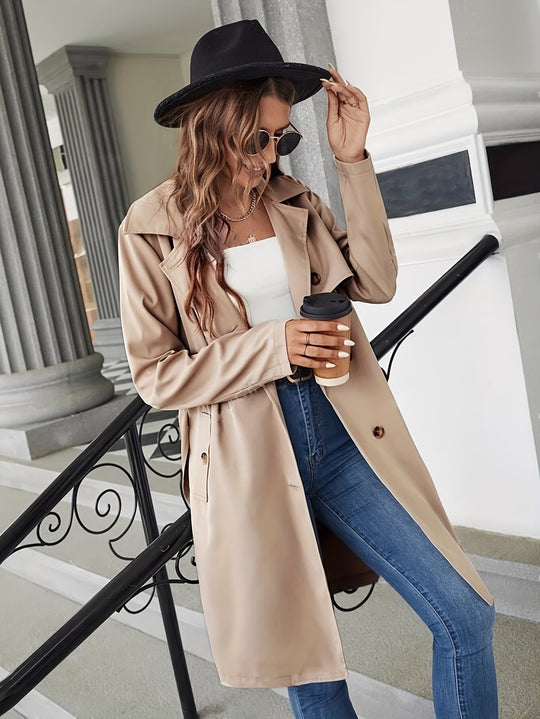 Coativa - Dubbelrijige Lange Dames Trenchcoat met Klepzakken