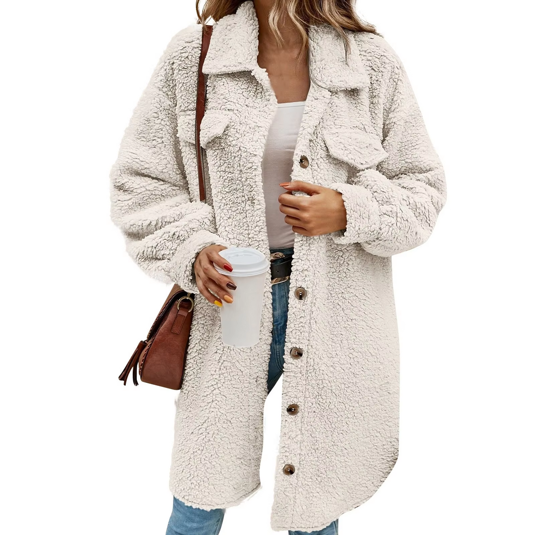 Polmera - Lange Teddy Jas Dames met Knopen en Borstzakken