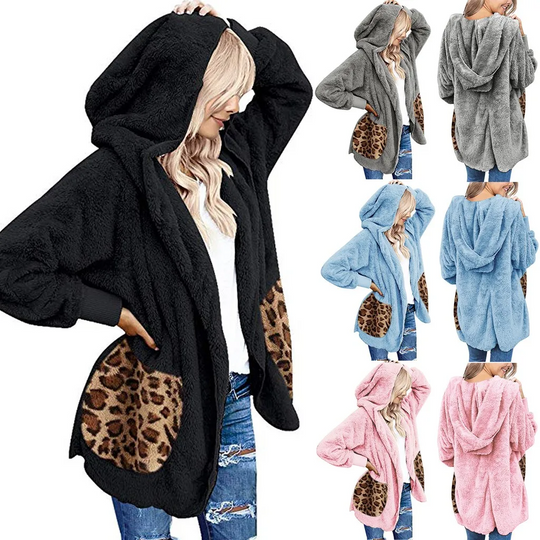 Moda Fleece Vesten Dames Met Luipaardprint Zakken - Casual Warme Hoodie