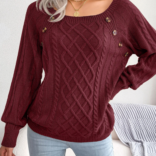 Moda Kabeltrui Dames - Knopen Detail, Losse Pasvorm, Lange Mouwen