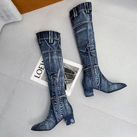Moda Overknee Spijkerlaarzen met Puntige Neus - Trendy Dames Laarzen