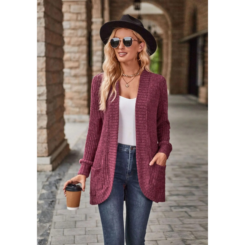 Moda Lange Vesten Dames - Geribd Gebreid Vest met Zakken