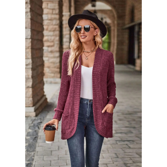 Moda Lange Vesten Dames - Geribd Gebreid Vest met Zakken
