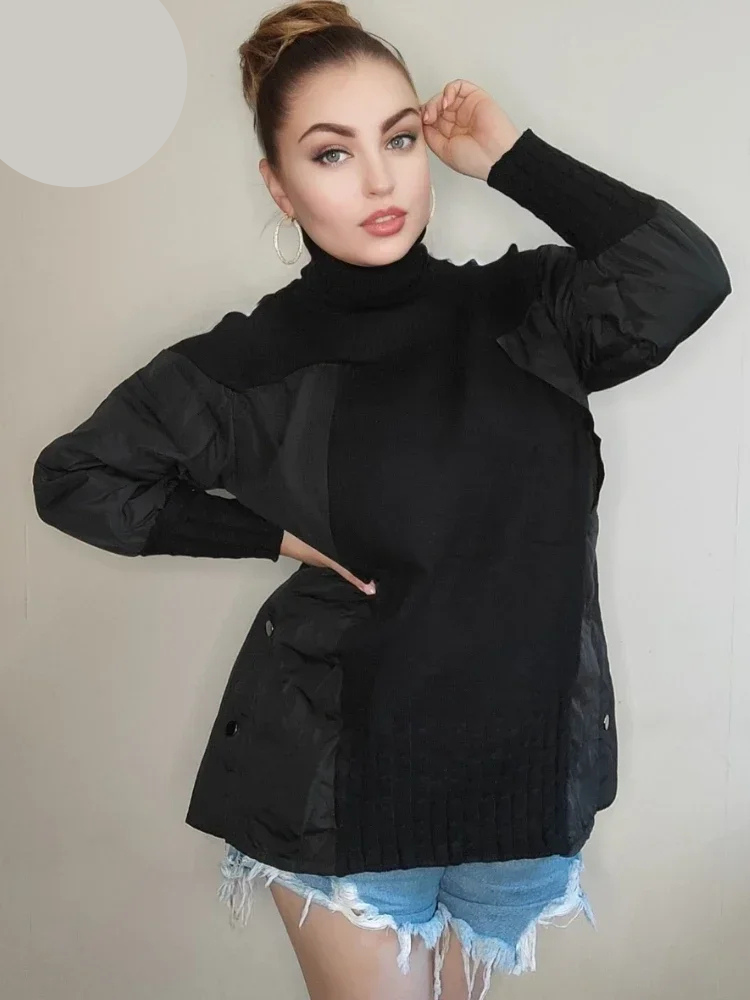 Sierwev - Gewatteerde Patchwork Gebreide Jurk met Coltrui, Lange Mouwen, Gebreide Dames Jurks
