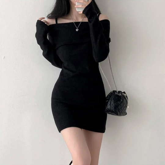 Flairjur - Off Shoulder Gebreide Trui Jurk, Gebreide Dames Jurks