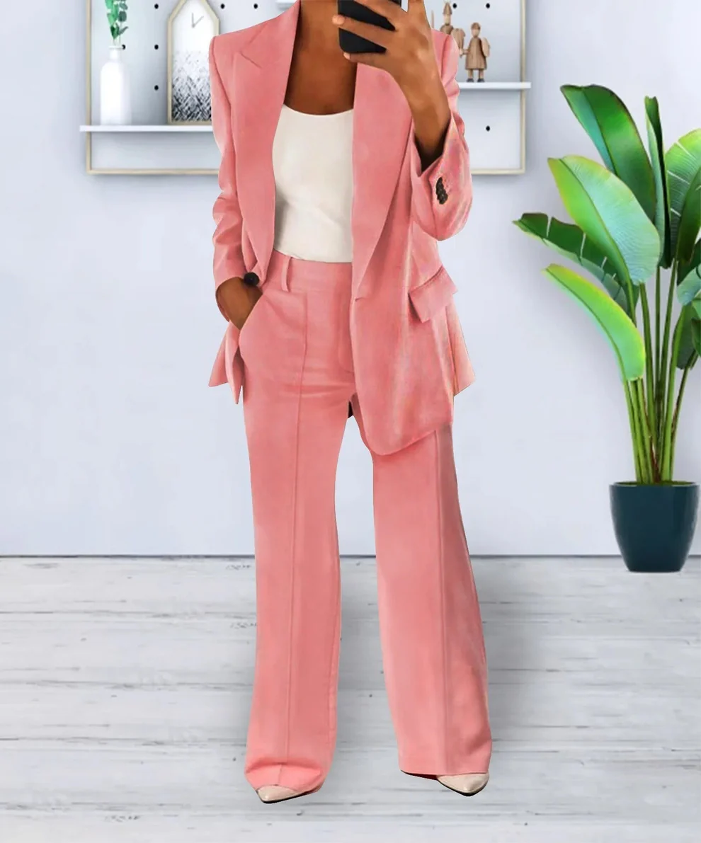 Mavonne - Dames Tweedelige Blazer en Wijde Broek Set, Getailleerde Pasvorm, Formele Kleding