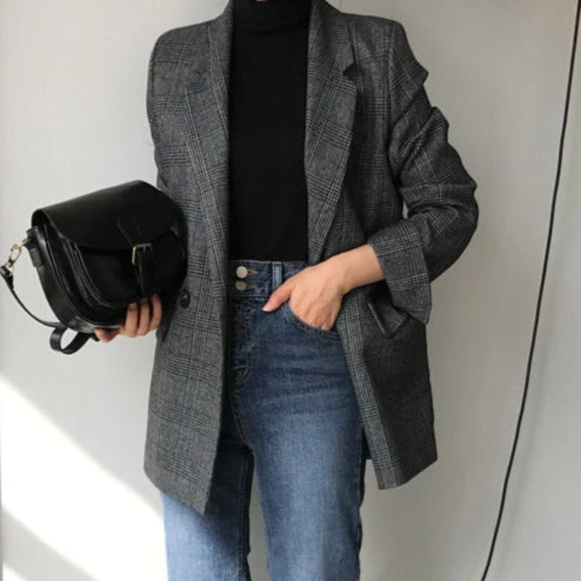 Velorna - Dames Geruite Oversized Blazer, Lange Mouw, Reverskraag