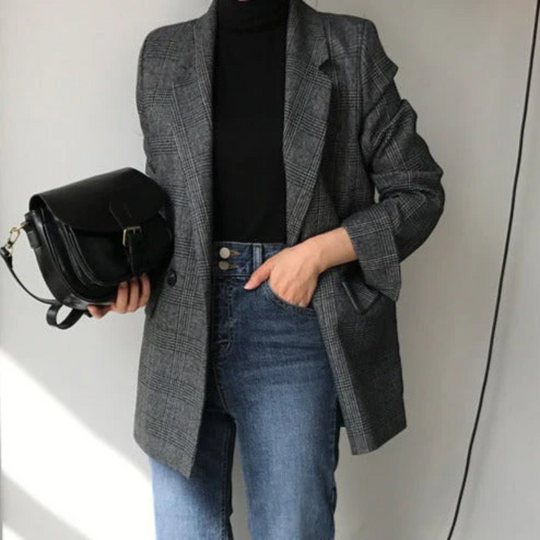 Velorna - Dames Geruite Oversized Blazer, Lange Mouw, Reverskraag