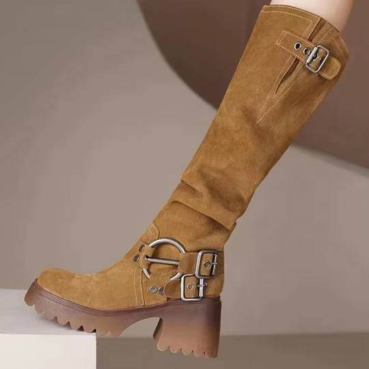 Moda Dames Hoge Hakken Kniehoge Laarzen met Gesp – Modieuze Hoge Laarzen
