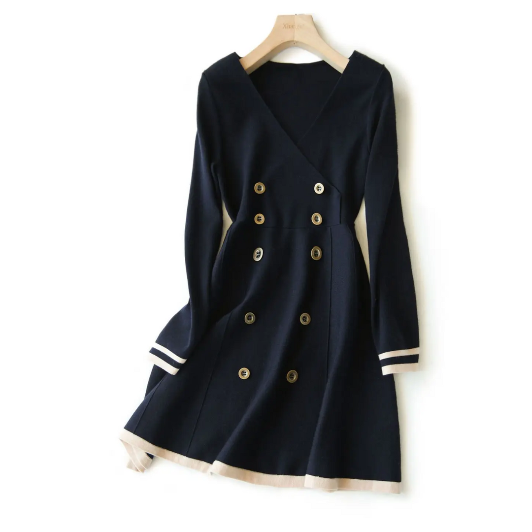 Fijndraa - Elegante Gebreide Jurk in Wikkelstijl met Knoopdetails, Lange Mouwen, Gebreide Dames Jurks