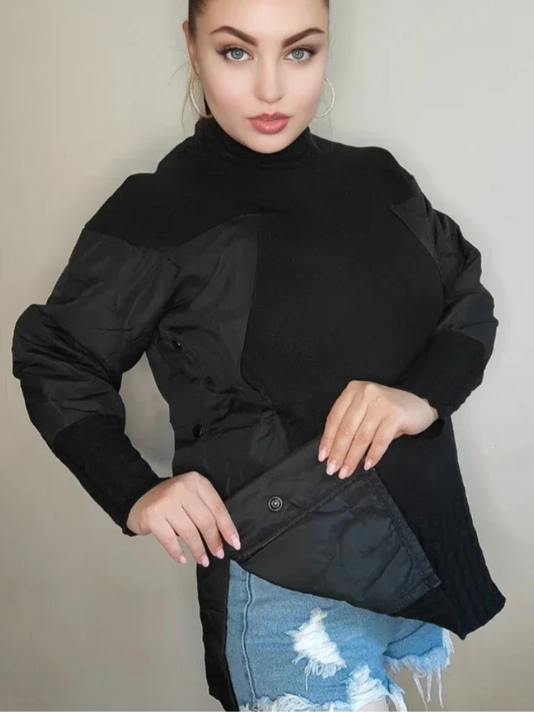 Sierwev - Gewatteerde Patchwork Gebreide Jurk met Coltrui, Lange Mouwen, Gebreide Dames Jurks