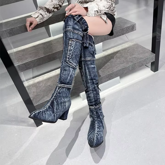 Moda Overknee Spijkerlaarzen met Puntige Neus - Trendy Dames Laarzen