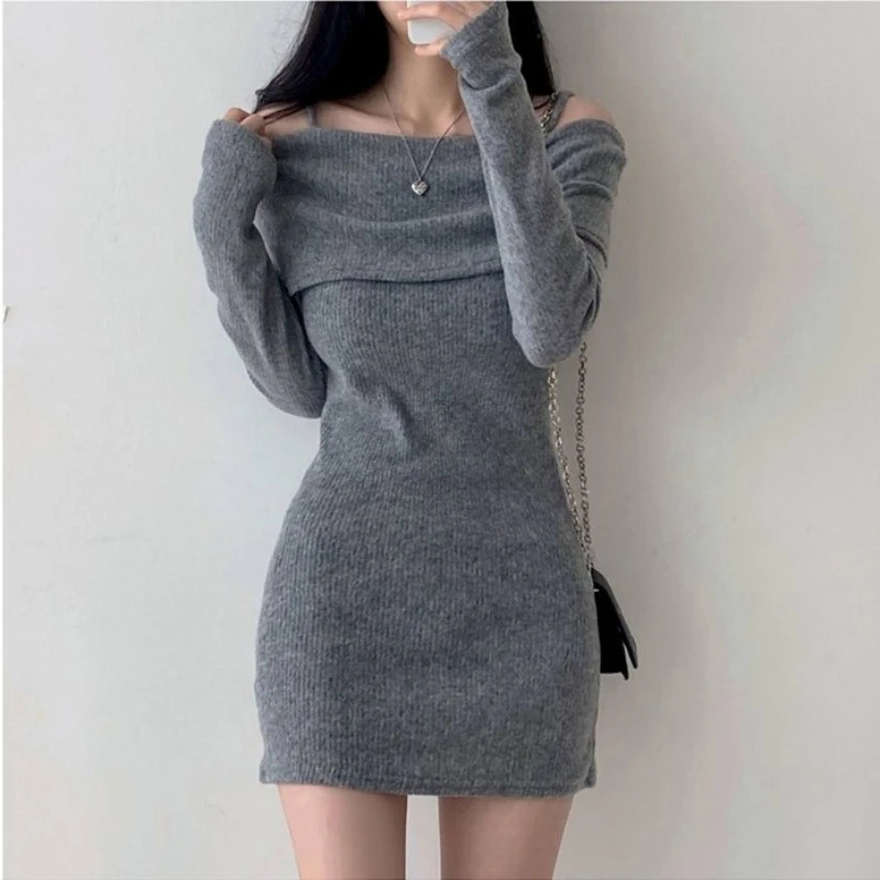 Flairjur - Off Shoulder Gebreide Trui Jurk, Gebreide Dames Jurks