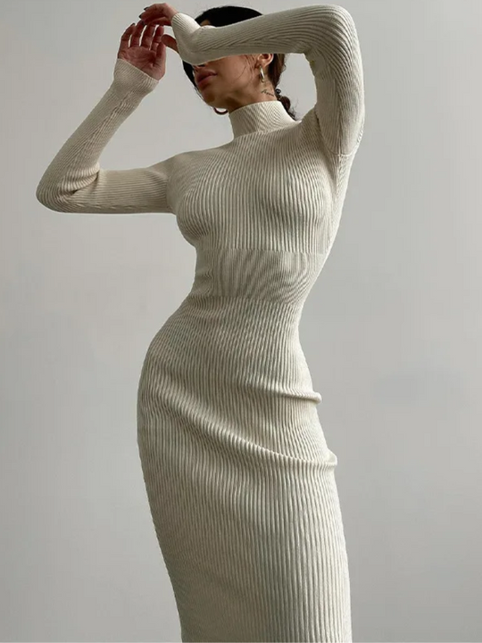 Rokrijk - Slim Fit Gebreide Jurk met Coltrui en Nauwsluitend Silhouet, Gebreide Dames Jurks