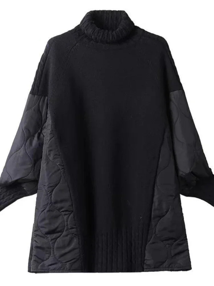Sierwev - Gewatteerde Patchwork Gebreide Jurk met Coltrui, Lange Mouwen, Gebreide Dames Jurks