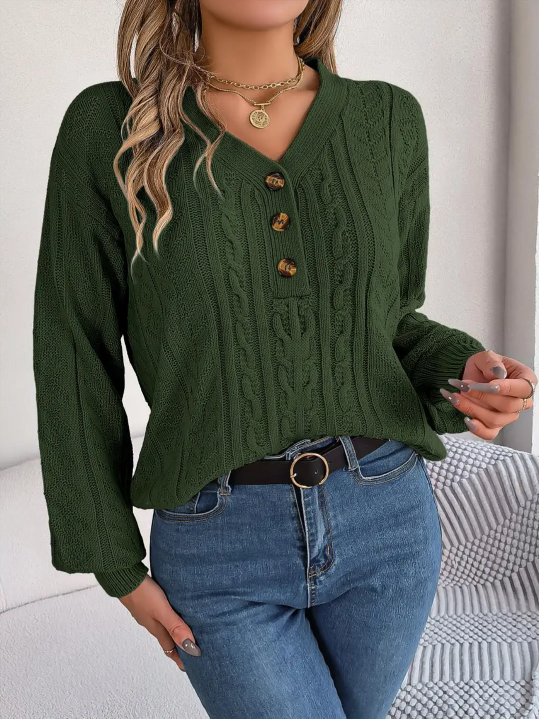 Moda Kabeltrui Dames - V-Hals, Knopen Detail, Lange Mouwen