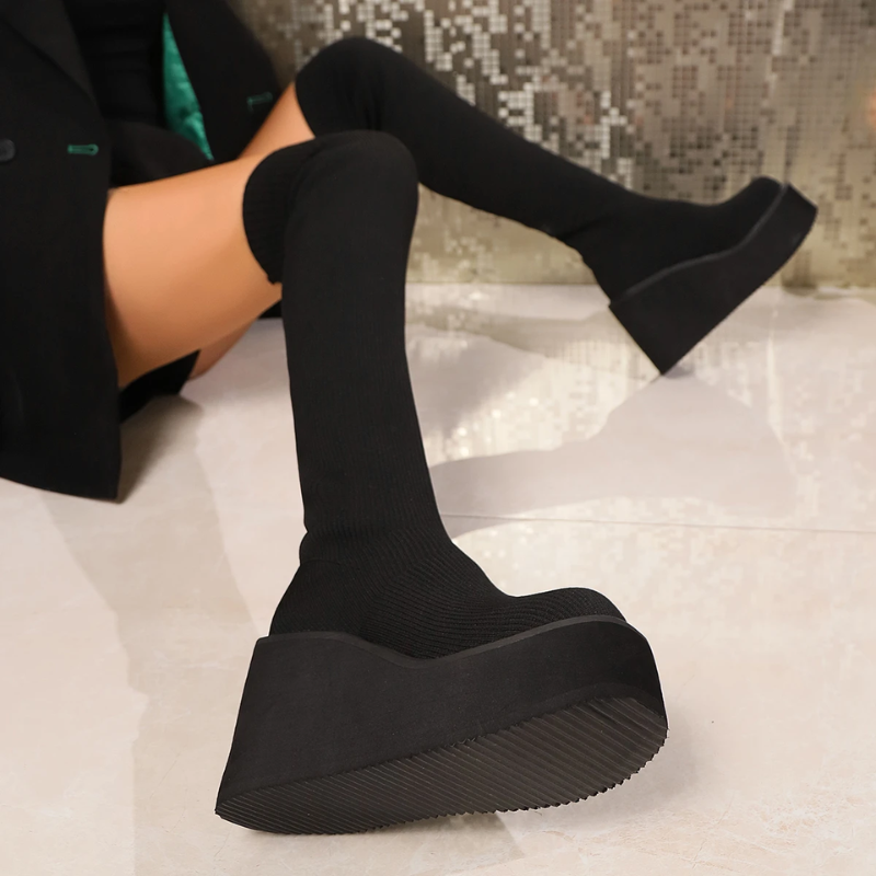 Moda Overknee Laarzen - Stretch Stof, Platform Zolen, Trendy Design