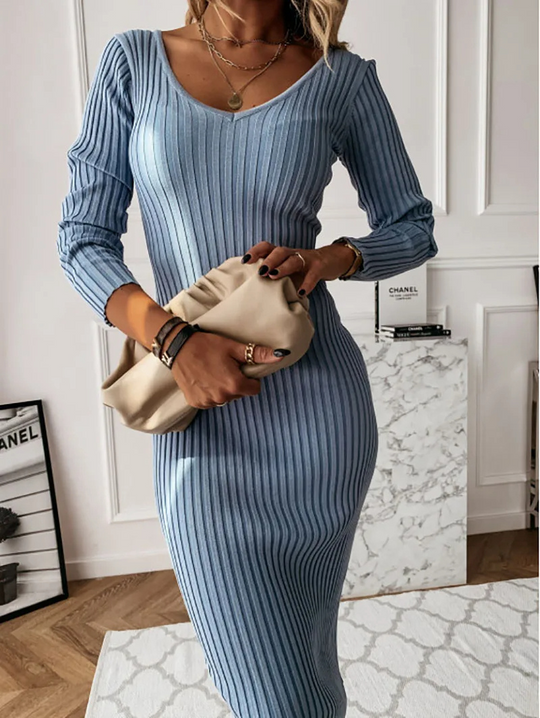 Comforty - Gebreide Midi Jurk met V-Hals en Lange Mouwen, Gebreide Dames Jurks