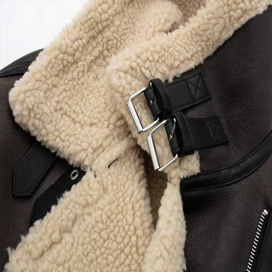 Jasvinta - Leren Jas Dames Aviator Model met Bontafwerking en Taille Riem
