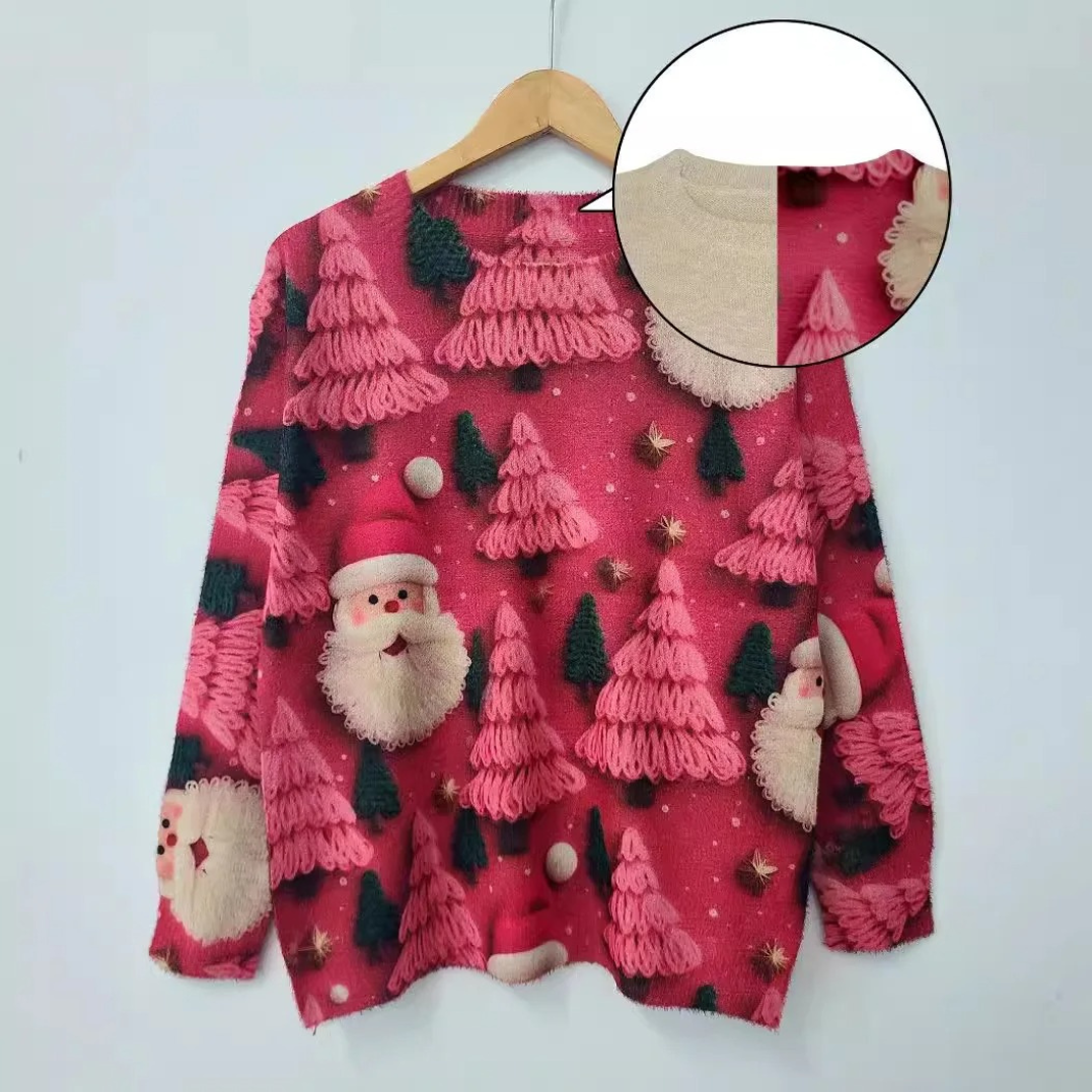 Fijntrt - Kersttrui met Kerstman en Kerstboom Print – Feestelijke Feestdagen Trui