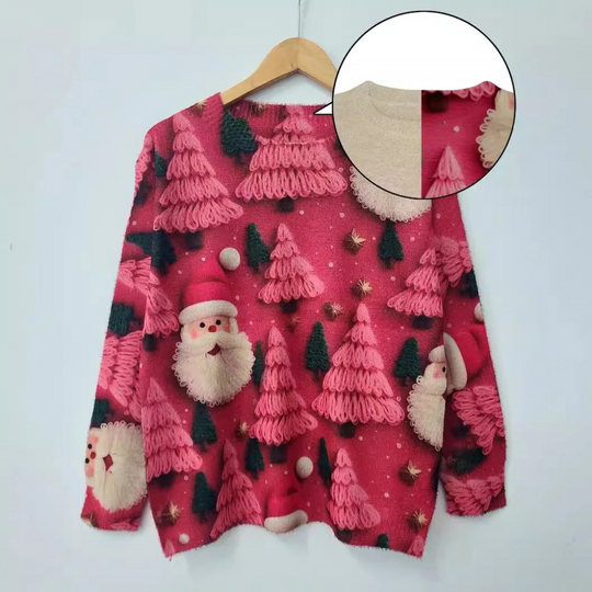 Fijntrt - Kersttrui met Kerstman en Kerstboom Print – Feestelijke Feestdagen Trui