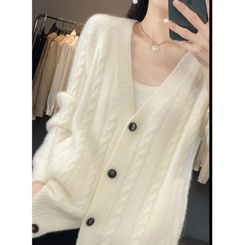 Moda Wollen Vest Dames Kabelgebreid - Met Knopen en Lange Mouwen