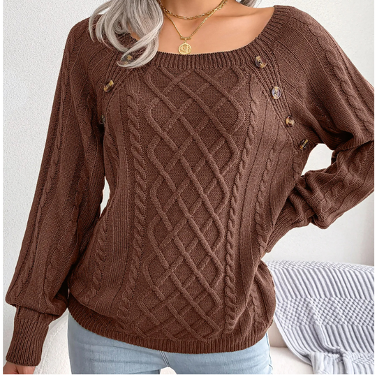 Moda Kabeltrui Dames - Knopen Detail, Losse Pasvorm, Lange Mouwen