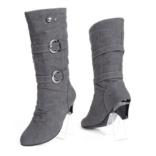 Moda Dames Kniehoge Laarzen met Gesp en Middelhoge Hak – Elegante Hoge Laarzen