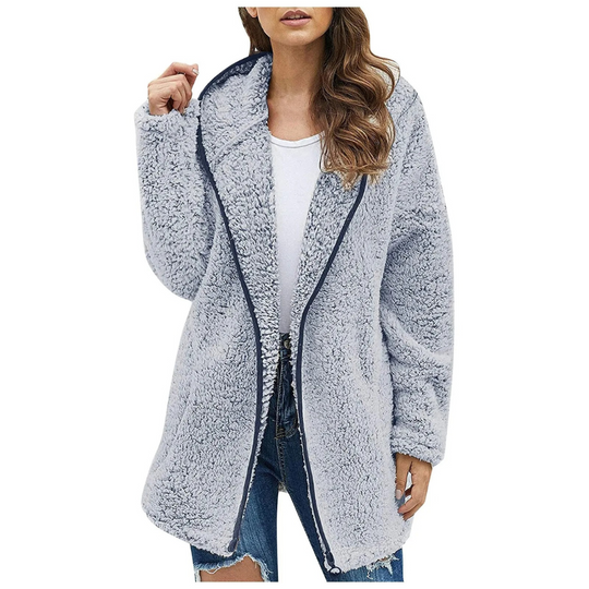 Heralyn - Lange Teddy Jas Dames met Capuchon en Contrastboorden