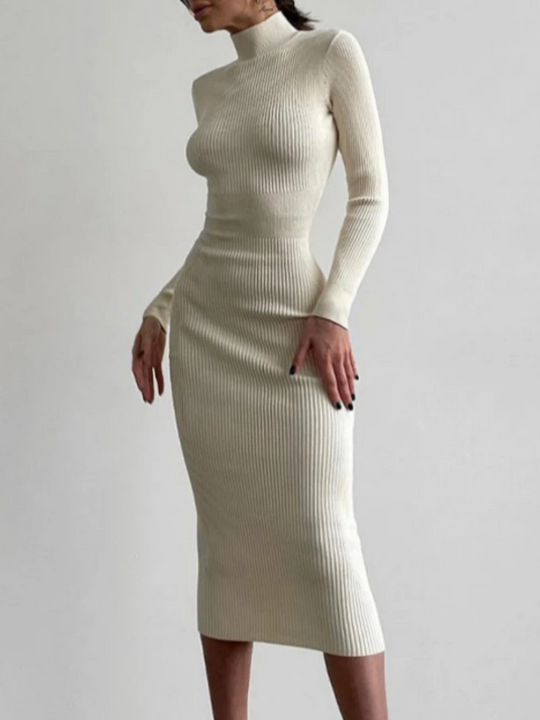 Rokrijk - Slim Fit Gebreide Jurk met Coltrui en Nauwsluitend Silhouet, Gebreide Dames Jurks