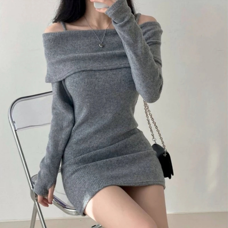 Flairjur - Off Shoulder Gebreide Trui Jurk, Gebreide Dames Jurks