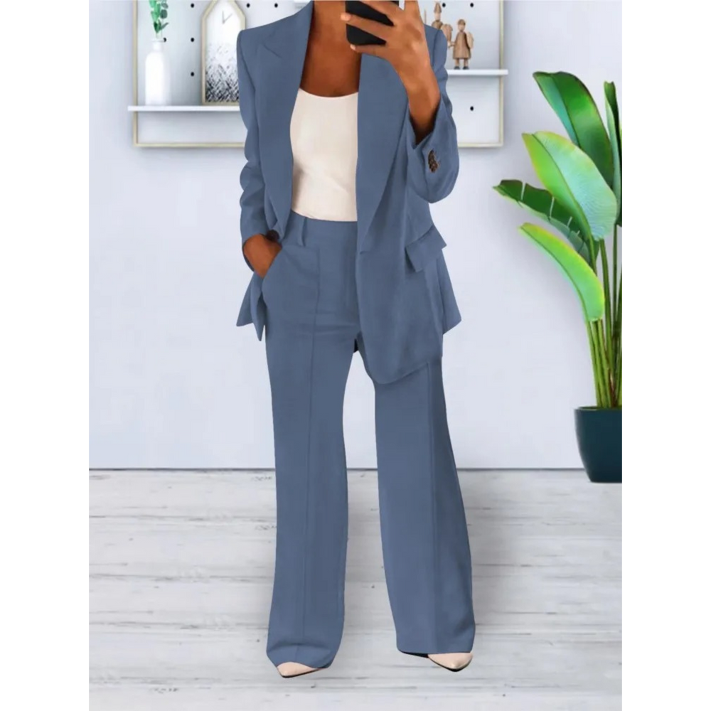 Blauwe damespak met blazer en broek met losse fit en effen kleur, voorzien van casual zakken
