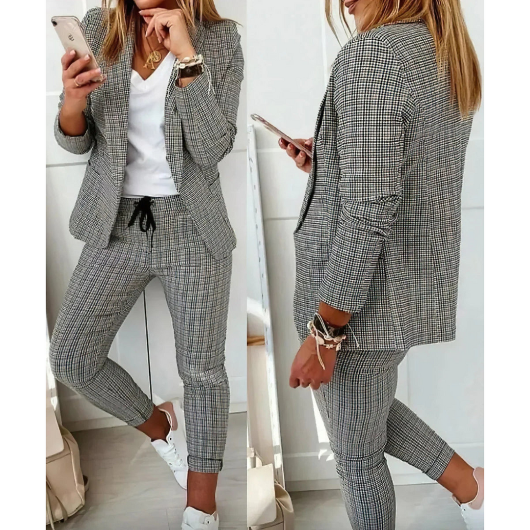 Grijze elegante damespak met lange blazer en broek met ruitjespatroon voor dames