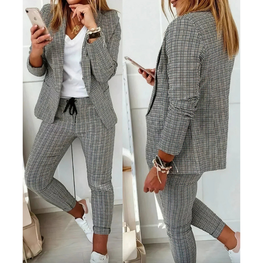 Grijze elegante damespak met lange blazer en broek met ruitjespatroon voor dames