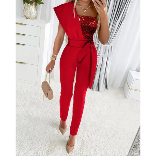Rode feestelijke glitter jumpsuit, compleet met high waist pants en een sprankelende glitter top