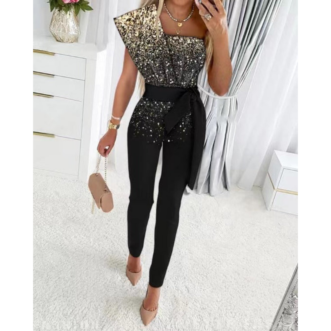 Zwarte feestelijke glitter jumpsuit, compleet met high waist pants en een sprankelende glitter top