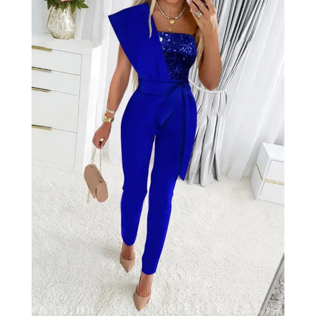 Blauwe feestelijke glitter jumpsuit, compleet met high waist pants en een sprankelende glitter top