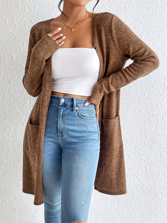 Femmora - Dames Lange Open Voorzijde Cardigan - Warme Gebreide Lange Jas met Zakken